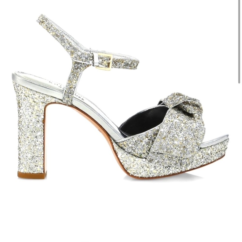 Kate Spade Miya Silver Glitter Bow Ankle Wrap Open Toe Platform new no box - Picture 3 of 8